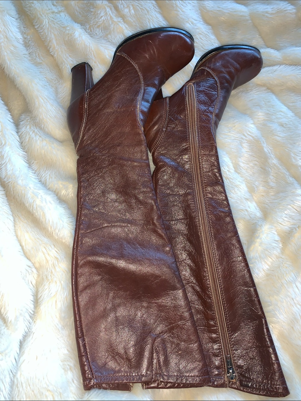 Vtg 60s 70s Hanna Brown leather side zipper knee high Gogo boots 5.5 - Picture 14 of 15